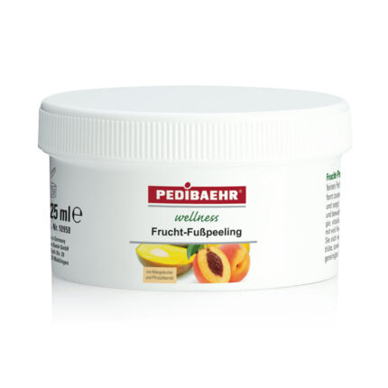Lo scrub piedi fruttato con zucchero e perle di cera di jojoba pulisce a fondo la pelle senza irritarla