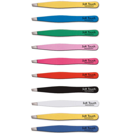 Pinzette Soft TouchLunghezza 9 cmPinzetta caratterizzata da un'innovativa colorazione Soft Touch che rende l'impugnatura soffice e morbida al tatto.Dotata di: 	lunghezza 9 cm; 	punta obliqua.Disponibile in 10 colorazioni: 	rosa; 	rosso; 	nero; 	fucsia; 	giallo; 	giallo chiaro; 	bianco; 	verde; 	blu; 	blu scuro.Specifiche tecnicheLunghezza: 9 cmContenuto152062 (Pinzetta)