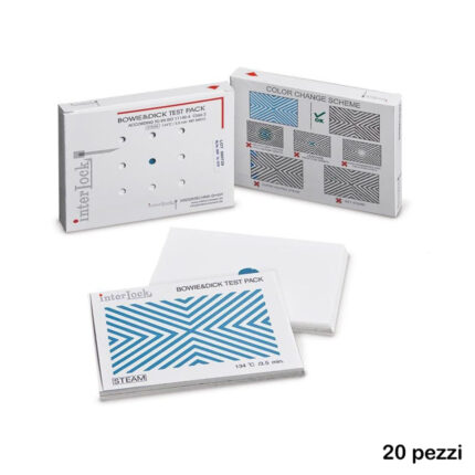 "pacco prova" standardizzatoBowie & Dick test fisico.Permette di verificare la capacità di penetrazione del vapore nei corpi porosi.Viene utilizzato un "pacco prova" standardizzato e conforme allo normative in vigore.Deve essere superato da tutte le autoclavi che dichiarano la possibilità di sterilizzazione di carichi porosi come: 	garze; 	bende; 	camici; 	tessuti.Specifiche tecnicheContenuto: 20 pezzi.Test fisico.Contenuto1 X 250155 (Pacchetto Bowie & Dick).