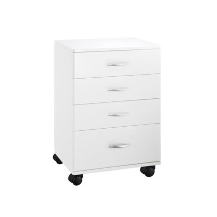Carrello MargheritaQuattro cassetti; Ruote piroettantiElegante e moderno carrello realizzato in legno verniciato bianco. Dotato di 4 cassetti per conservare gli accessori nei centri di bellezza. Totale mobilità grazie alle 4 ruote piroettanti.Specifiche tecnicheDimensioni: 460 x 330 x 665 (h) mmPeso: 21 kgPortata massima: 30 KgColore: biancoMateriale: legnoDimensioni packaging: 69