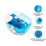 Massaggio nelle zone di riflessologia plantare.Vaschetta piedi con idro ideale per massaggi rilassanti con vibrazione e bollicine.Dotato di: 	rulli massaggianti per le zone della riflessologia plantare; 	campo benefico con luce rossa; 	funzione massaggio a secco; 	funzione di mantenimento del calore dell'acqua; 	piedini di gomma antiscivolo per un mantenimento più stabile della vaschetta.Dimensione adatta fino al n° 46 di scarpe.Tre inserti per pedicure intercambiabili: 	spazzola; 	inserto massaggiante; 	inserto per rimozione dei calli.Specifiche tecnicheDimensioni: 41.5 x 35.5 x 19 cmPeso: 1