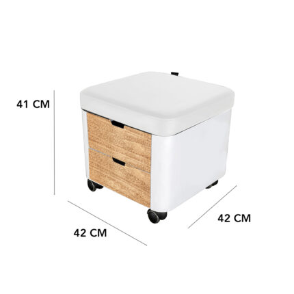 Ruote piroettantiSgabello operatrice bianco e legno.Dotato di: 	2 cassetti sotto la seduta; 	4 ruote piroettanti per una mobilità totale del carrelloSpecifiche tecnicheDimensioni: 420 x 420 x 410 (h) mmPeso: 19