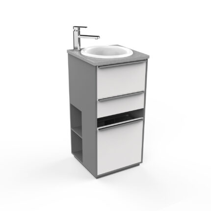 Mobile con lavabo e cestinoLavabo con miscelatore e due cassetti per riporre cosmetici