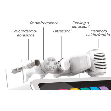 le imperfezioni e le macchieAdatto a pelli asfitticheTrattamento antiage: leviga le rughe e le linee di espressioneSpecifiche tecniche:5 manipoli con relativi supporti:Microdermoabrasione con punte di diamante. Effettua una esfoliazione meccanica non invasiva. Migliora il tono e l&rsquo;aspetto della pelle trattando i segni del tempo e le cicatrici.&nbsp;Radiofrequenza. Migliora la tonificazione