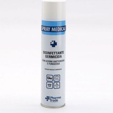 riduce la carica di microbi nell'ambiente.Disinfettante spray realizzato con: 	sali quaternari d'ammonio; 	o-fenilfenolo; 	oli essenziali.Ideale per: 	ridurre la carica microbica ambientale; 	esercitare un'effetto deodorante.Non contiene CFC ritenuti dannosi per l'ozono.Permette di disinfettare radicalmente in circa 4 minuti piccoli ambienti in assenza di persone.Specifiche tecnicheContenuto: 400 ml.Disinfettante spray.Senza CFC.Contenuto1 X 654037 (Spray Medical - 400 ml).