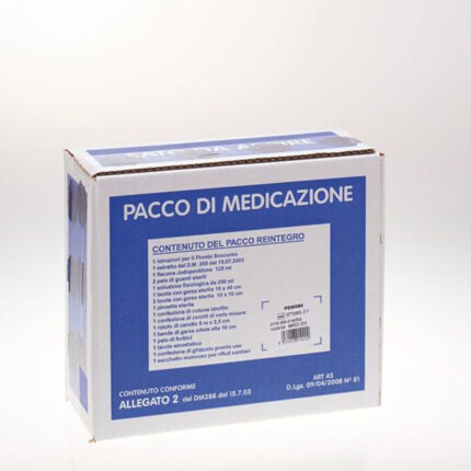 9%) da 250 ml;1 X compressa di garza sterile cm 18x40 cm in busta singola;3 X compresse di garza sterile 10x10 cm in busta singola;1 X pinzetta di medicazione sterile monouso;1 X confezione di cotone idrofilo da 20 g;1 X astuccio da 10 cerotti assortiti;1 X cerotto in rocchetto da 2